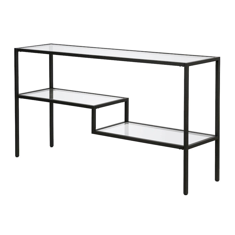 Console en acier moderne bronze noirci / laiton / nickel satiné avec plateau en verre trempé et étagère à 2 niveaux – Unité unique