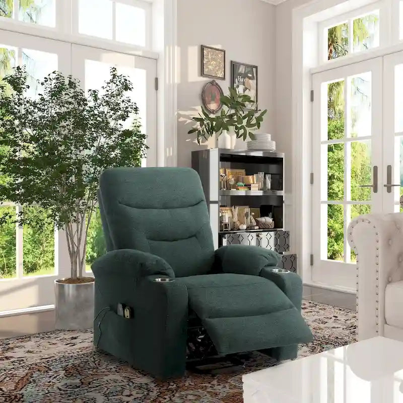 Fauteuil inclinable de massage électrique en polyester vert / marron / bleu marine / gris / beige avec porte-gobelets et télécommande sans fil – Monoplace