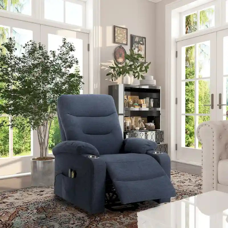 Fauteuil inclinable de massage électrique en polyester vert / marron / bleu marine / gris / beige avec porte-gobelets et télécommande sans fil – Monoplace