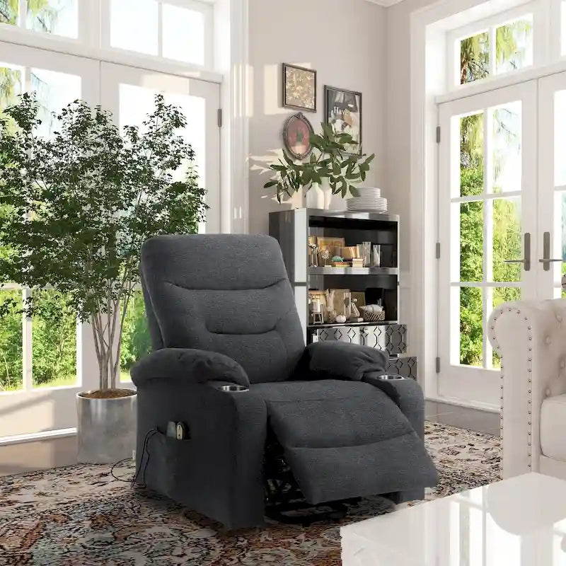 Fauteuil inclinable de massage électrique en polyester vert / marron / bleu marine / gris / beige avec porte-gobelets et télécommande sans fil – Monoplace