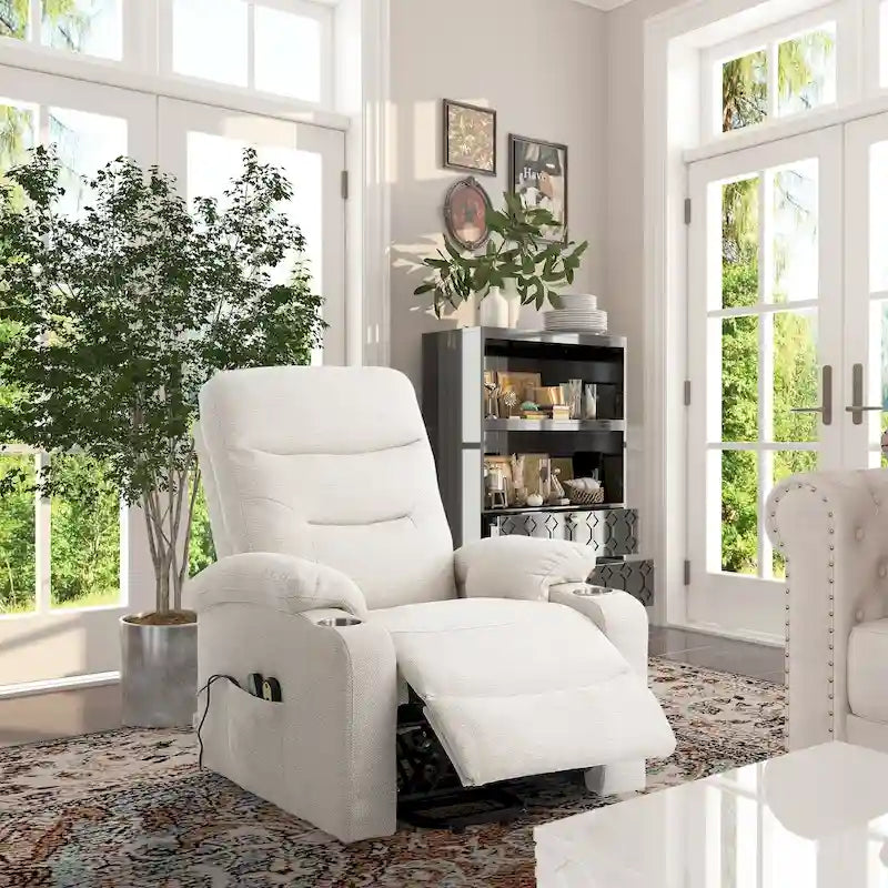 Fauteuil inclinable de massage électrique en polyester vert / marron / bleu marine / gris / beige avec porte-gobelets et télécommande sans fil – Monoplace