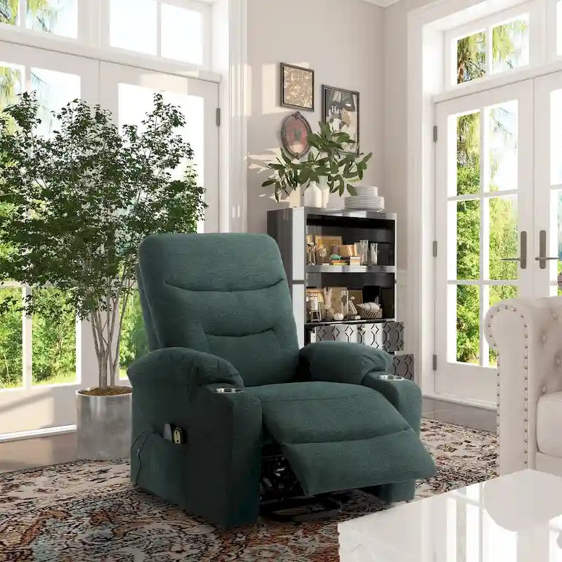 Fauteuil inclinable de massage électrique en polyester vert / marron / bleu marine / gris / beige avec porte-gobelets et télécommande sans fil – Monoplace