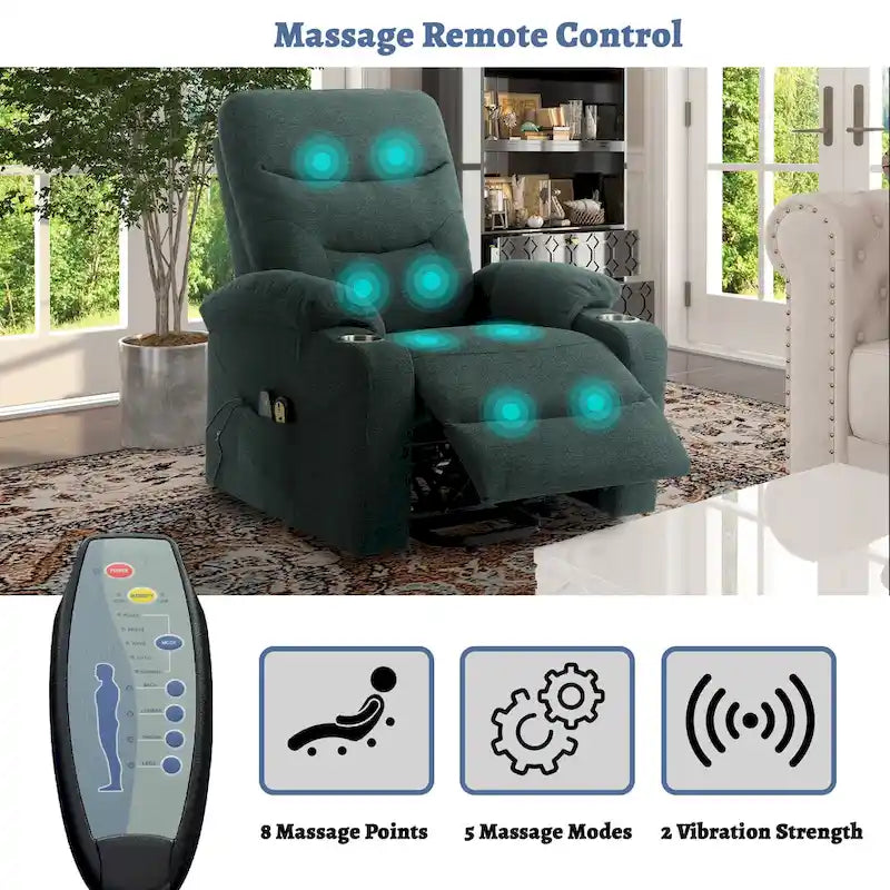 Fauteuil inclinable de massage électrique en polyester vert / marron / bleu marine / gris / beige avec porte-gobelets et télécommande sans fil – Monoplace