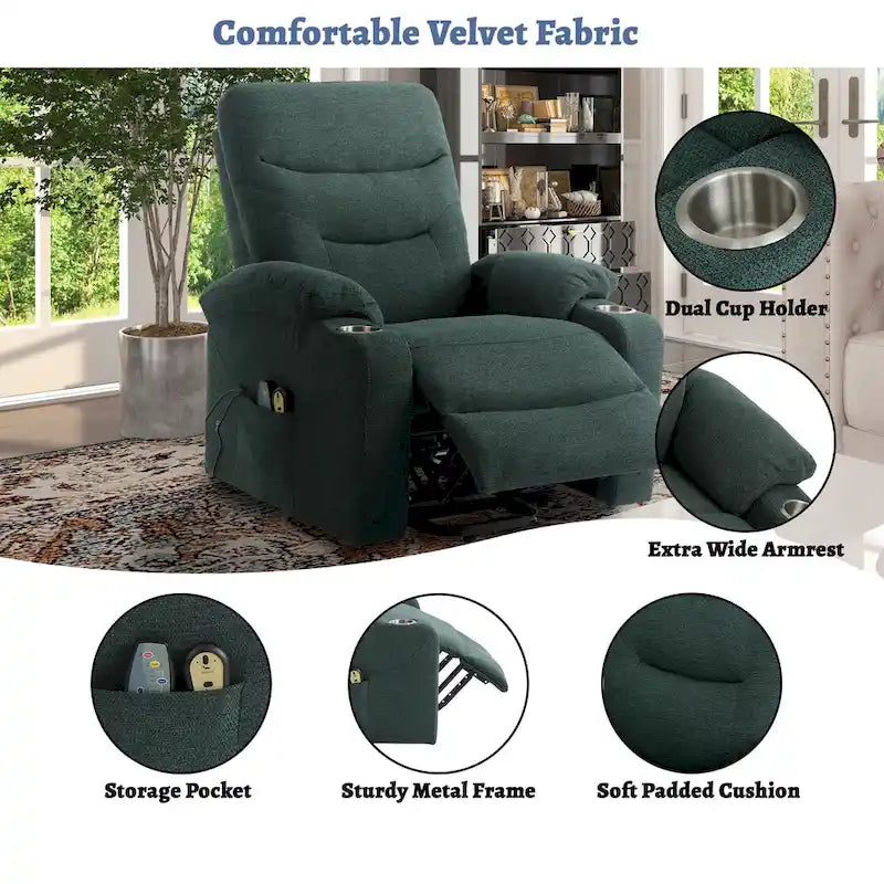 Fauteuil inclinable de massage électrique en polyester vert / marron / bleu marine / gris / beige avec porte-gobelets et télécommande sans fil – Monoplace