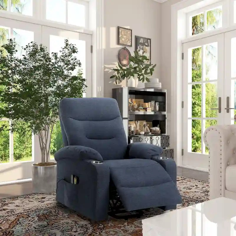 Fauteuil inclinable de massage électrique en polyester vert / marron / bleu marine / gris / beige avec porte-gobelets et télécommande sans fil – Monoplace