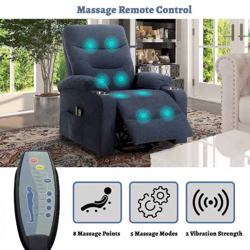 Fauteuil inclinable de massage électrique en polyester vert / marron / bleu marine / gris / beige avec porte-gobelets et télécommande sans fil – Monoplace