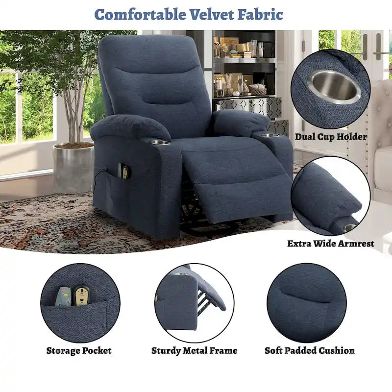Fauteuil inclinable de massage électrique en polyester vert / marron / bleu marine / gris / beige avec porte-gobelets et télécommande sans fil – Monoplace