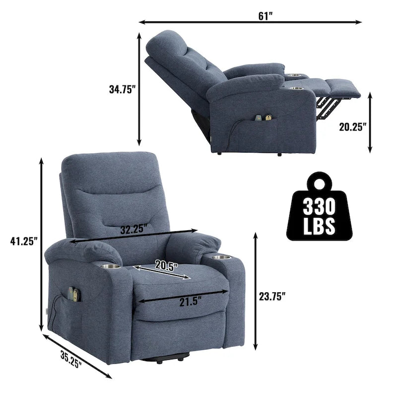 Fauteuil inclinable de massage électrique en polyester vert / marron / bleu marine / gris / beige avec porte-gobelets et télécommande sans fil – Monoplace