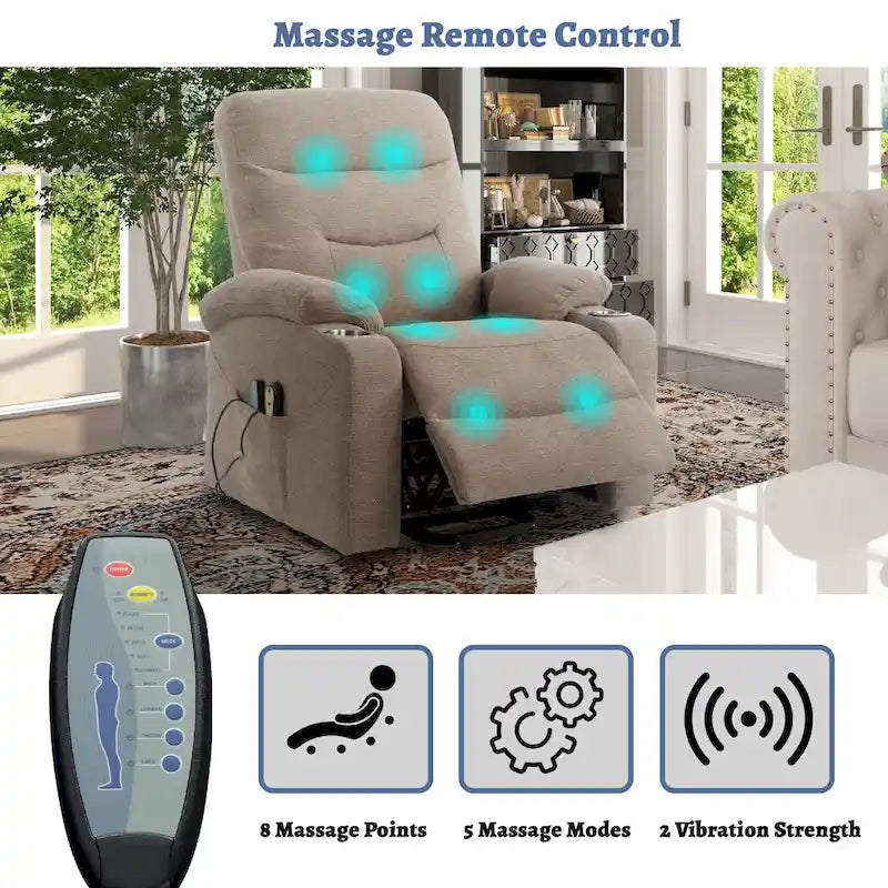 Fauteuil inclinable de massage électrique en polyester vert / marron / bleu marine / gris / beige avec porte-gobelets et télécommande sans fil – Monoplace
