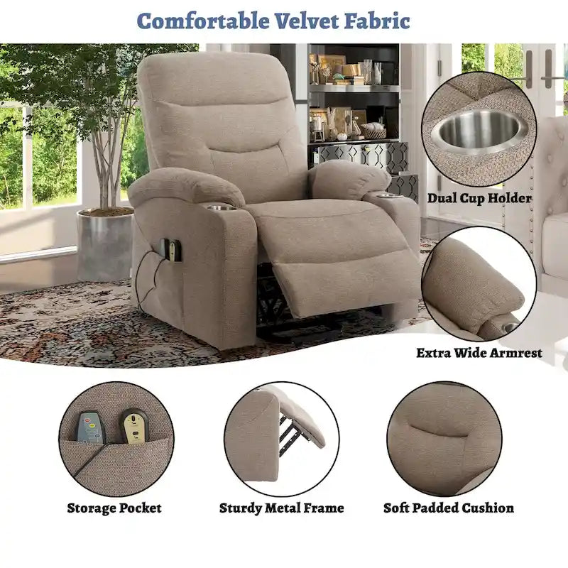 Fauteuil inclinable de massage électrique en polyester vert / marron / bleu marine / gris / beige avec porte-gobelets et télécommande sans fil – Monoplace