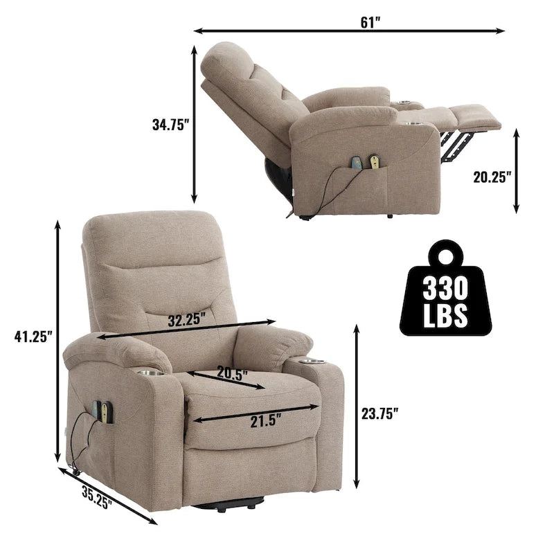 Fauteuil inclinable de massage électrique en polyester vert / marron / bleu marine / gris / beige avec porte-gobelets et télécommande sans fil – Monoplace