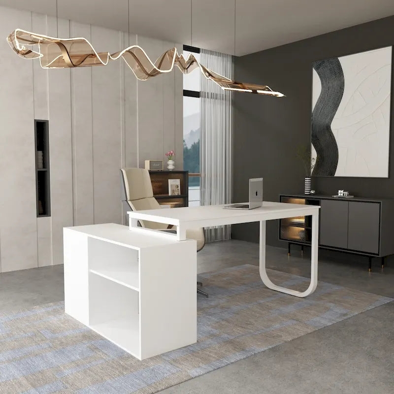 Bureau d'ordinateur d'angle blanc / noir avec 1 tiroir et étagère de rangement ouverte – Unité unique