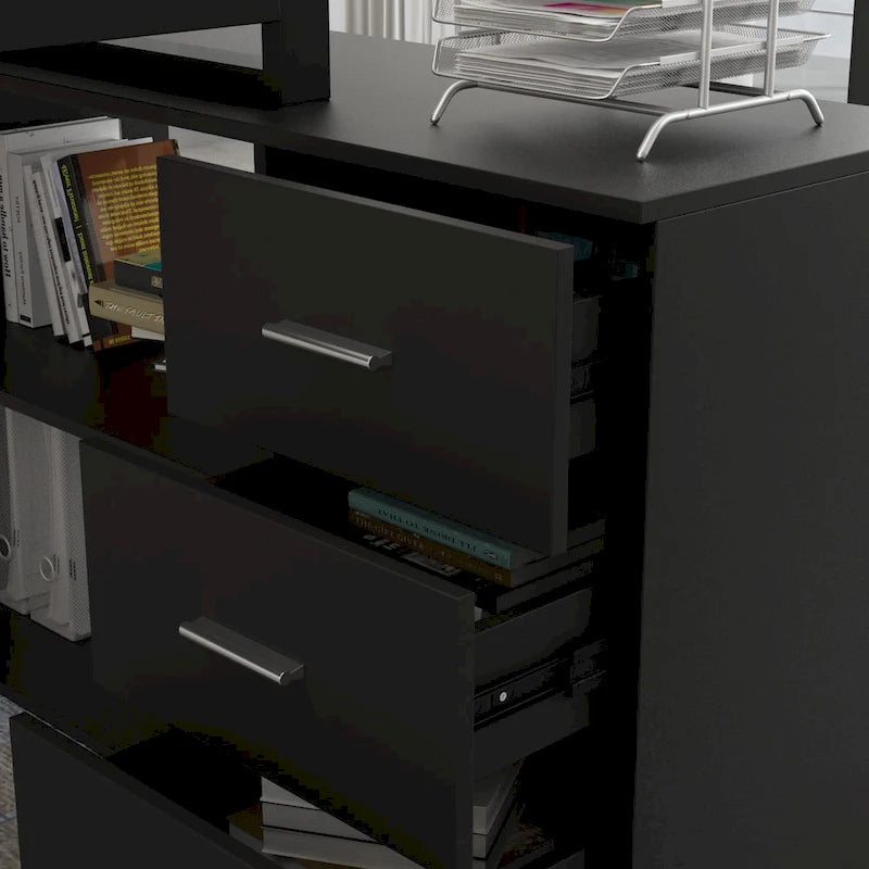 Bureau d'ordinateur d'angle blanc / noir avec 1 tiroir et étagère de rangement ouverte – Unité unique