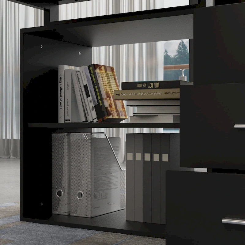 Bureau d'ordinateur d'angle blanc / noir avec 1 tiroir et étagère de rangement ouverte – Unité unique