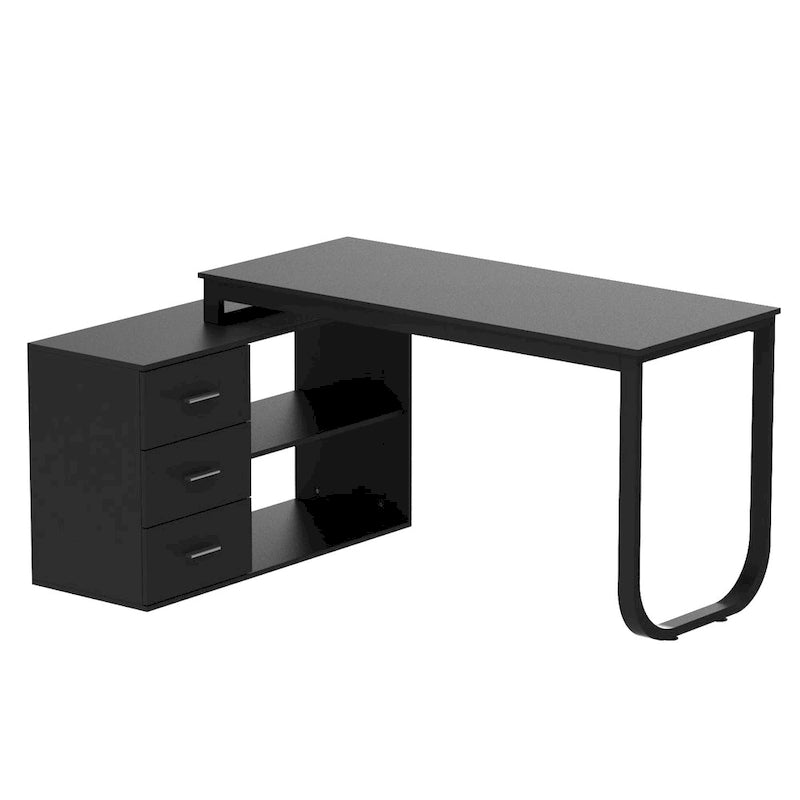 Bureau d'ordinateur d'angle blanc / noir avec 1 tiroir et étagère de rangement ouverte – Unité unique