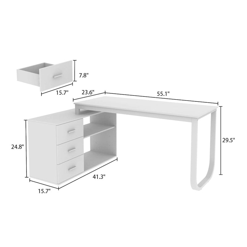 Bureau d'ordinateur d'angle blanc / noir avec 1 tiroir et étagère de rangement ouverte – Unité unique