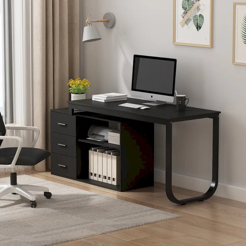 Bureau d'ordinateur d'angle blanc / noir avec 1 tiroir et étagère de rangement ouverte – Unité unique