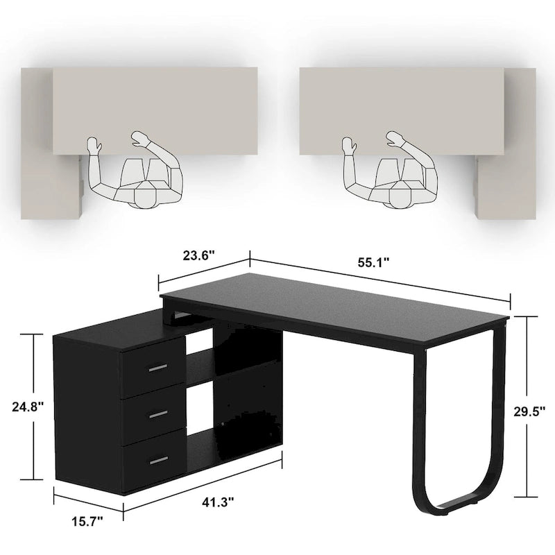 Bureau d'ordinateur d'angle blanc / noir avec 1 tiroir et étagère de rangement ouverte – Unité unique
