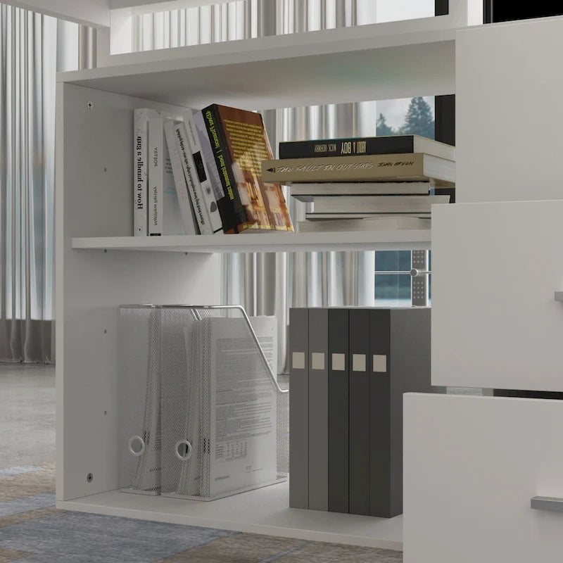 Bureau d'ordinateur d'angle blanc / noir avec 1 tiroir et étagère de rangement ouverte – Unité unique