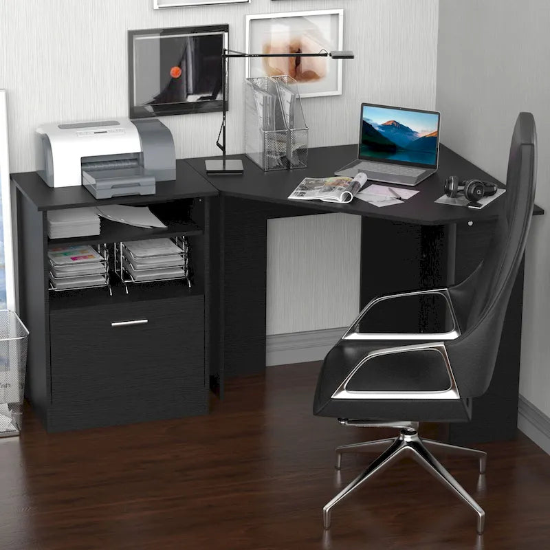 Bureau d'angle d'ordinateur en L, cerisier/noir, avec meuble imprimante et tiroir coulissant – Unité individuelle