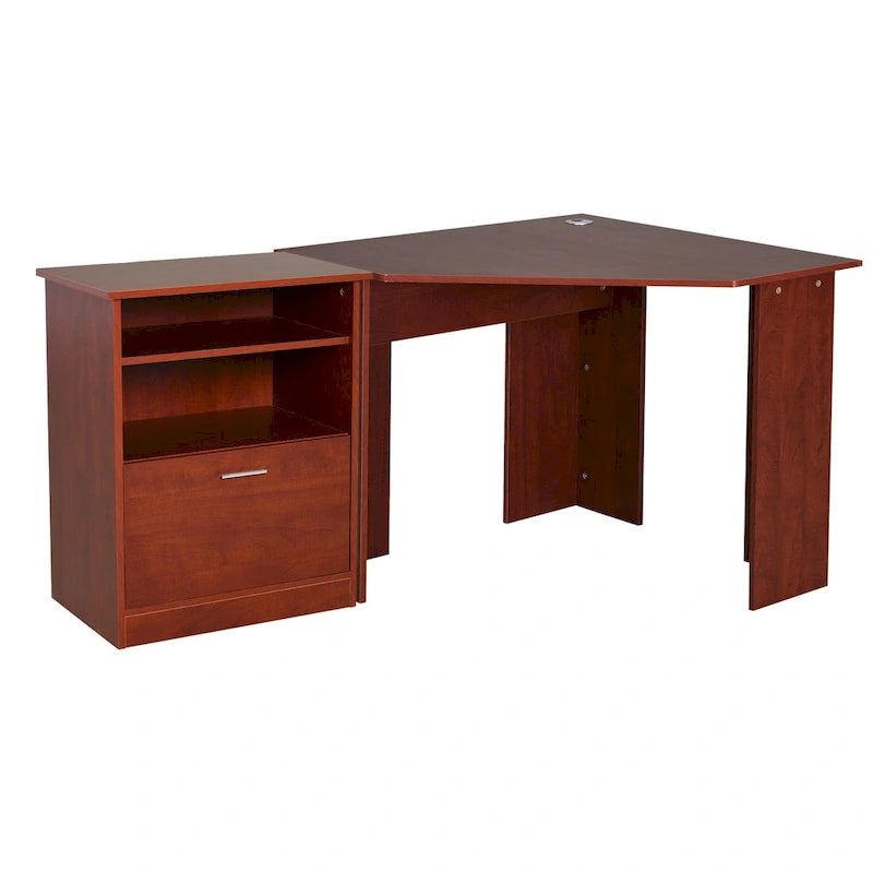 Bureau d'angle d'ordinateur en L, cerisier/noir, avec meuble imprimante et tiroir coulissant – Unité individuelle