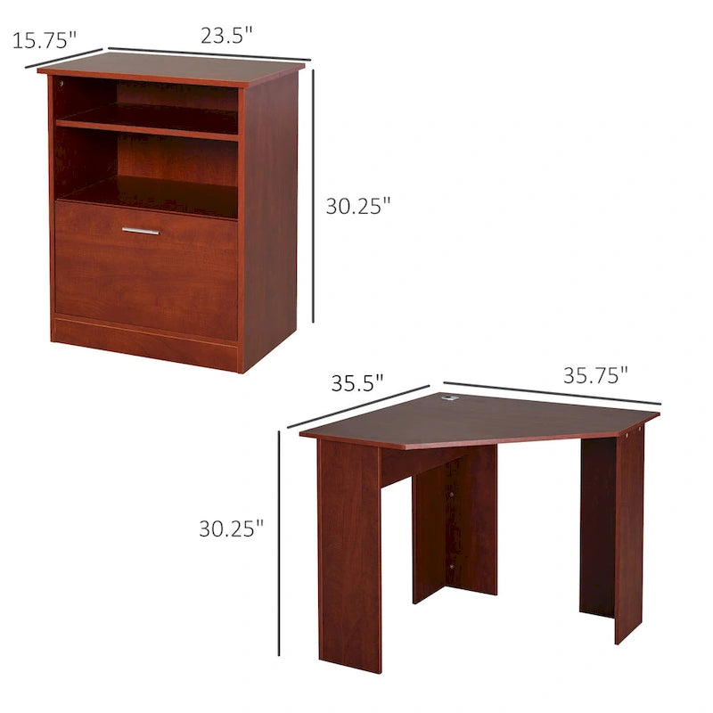 Bureau d'angle d'ordinateur en L, cerisier/noir, avec meuble imprimante et tiroir coulissant – Unité individuelle