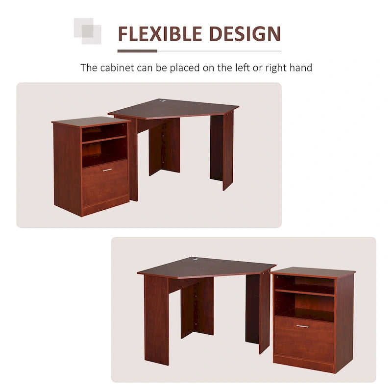 Bureau d'angle d'ordinateur en L, cerisier/noir, avec meuble imprimante et tiroir coulissant – Unité individuelle
