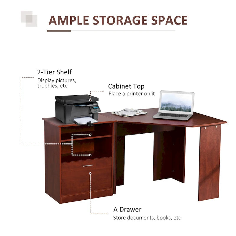 Bureau d'angle d'ordinateur en L, cerisier/noir, avec meuble imprimante et tiroir coulissant – Unité individuelle