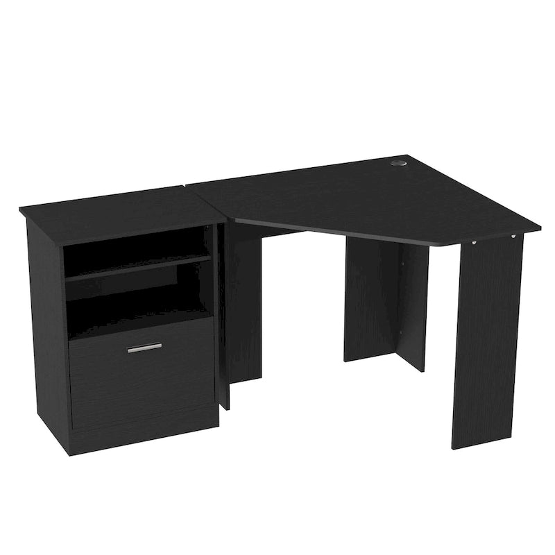 Bureau d'angle d'ordinateur en L, cerisier/noir, avec meuble imprimante et tiroir coulissant – Unité individuelle