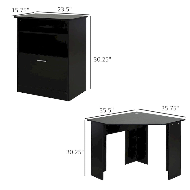 Bureau d'angle d'ordinateur en L, cerisier/noir, avec meuble imprimante et tiroir coulissant – Unité individuelle
