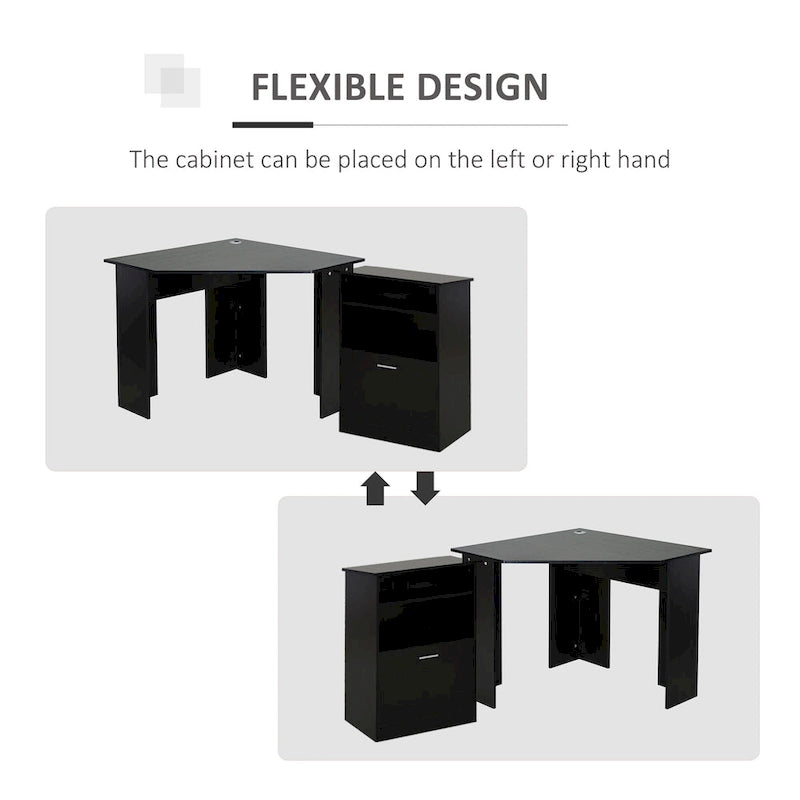 Bureau d'angle d'ordinateur en L, cerisier/noir, avec meuble imprimante et tiroir coulissant – Unité individuelle