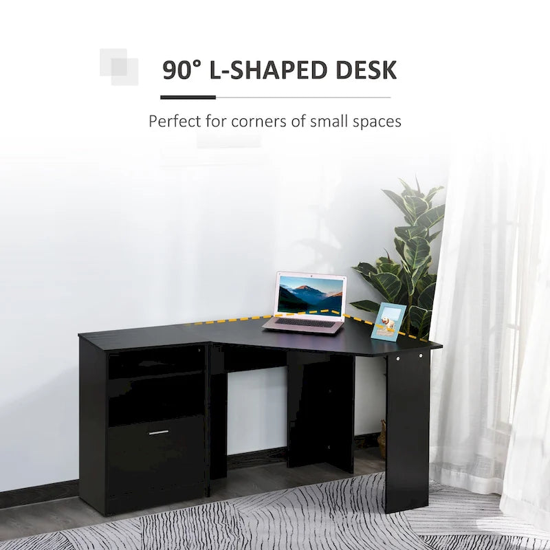 Bureau d'angle d'ordinateur en L, cerisier/noir, avec meuble imprimante et tiroir coulissant – Unité individuelle