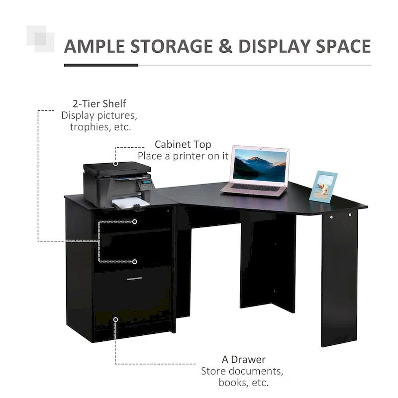 Bureau d'angle d'ordinateur en L, cerisier/noir, avec meuble imprimante et tiroir coulissant – Unité individuelle