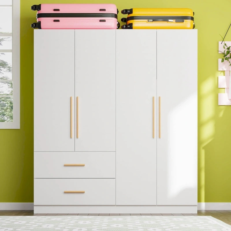 Armoire indépendante en MDF blanc avec tringle à vêtements, étagères réglables et poignées en bois – Unité individuelle