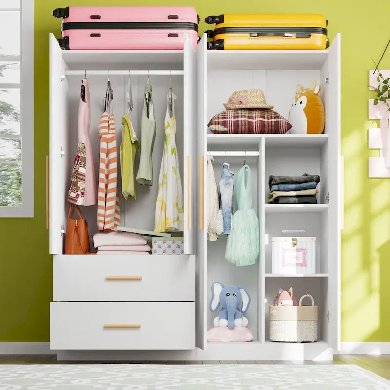 Armoire indépendante en MDF blanc avec tringle à vêtements, étagères réglables et poignées en bois – Unité individuelle