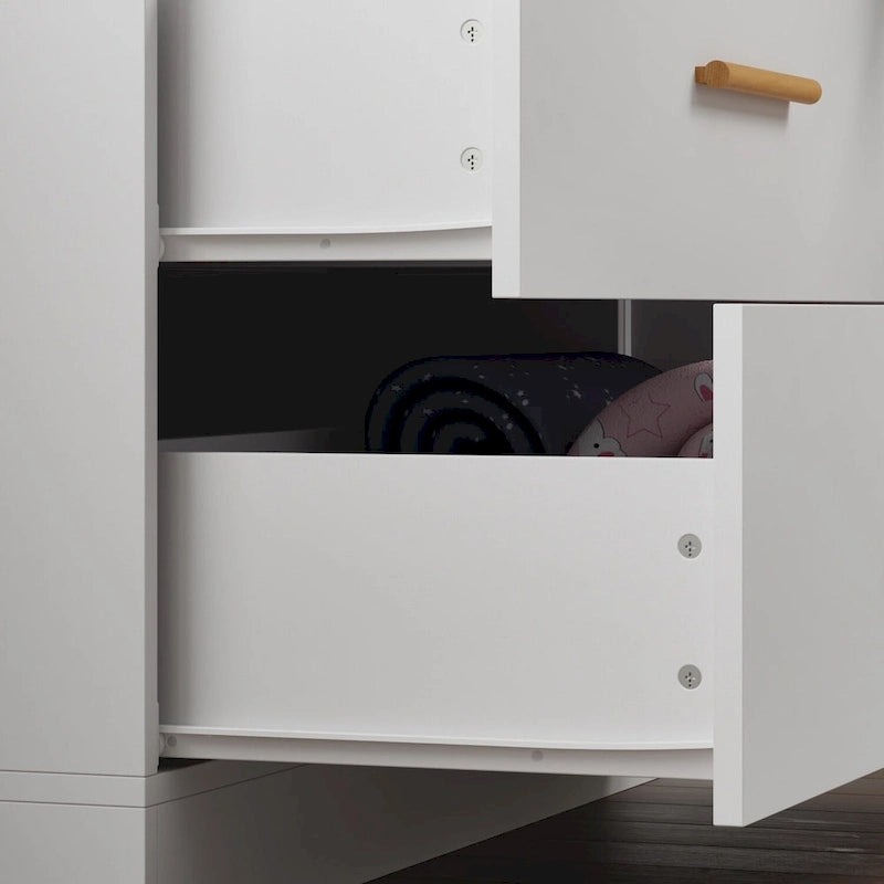 Armoire indépendante en MDF blanc avec tringle à vêtements, étagères réglables et poignées en bois – Unité individuelle