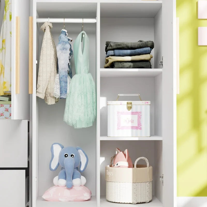 Armoire indépendante en MDF blanc avec tringle à vêtements, étagères réglables et poignées en bois – Unité individuelle