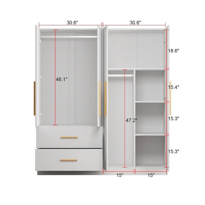 Armoire indépendante en MDF blanc avec tringle à vêtements, étagères réglables et poignées en bois – Unité individuelle