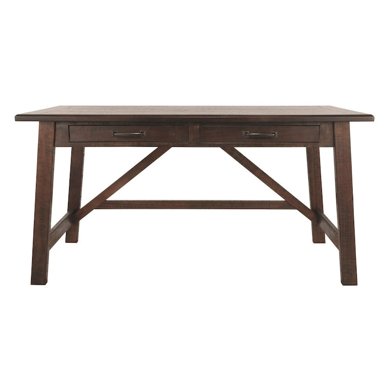 Bureau rustique en placage de bois marron avec pieds inclinés, 2 tiroirs à queues d'aronde et base avec entretoise en croix – Unité simple