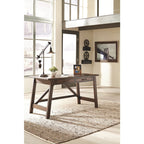 Bureau rustique en placage de bois marron avec pieds inclinés, 2 tiroirs à queues d'aronde et base avec entretoise en croix – Unité simple
