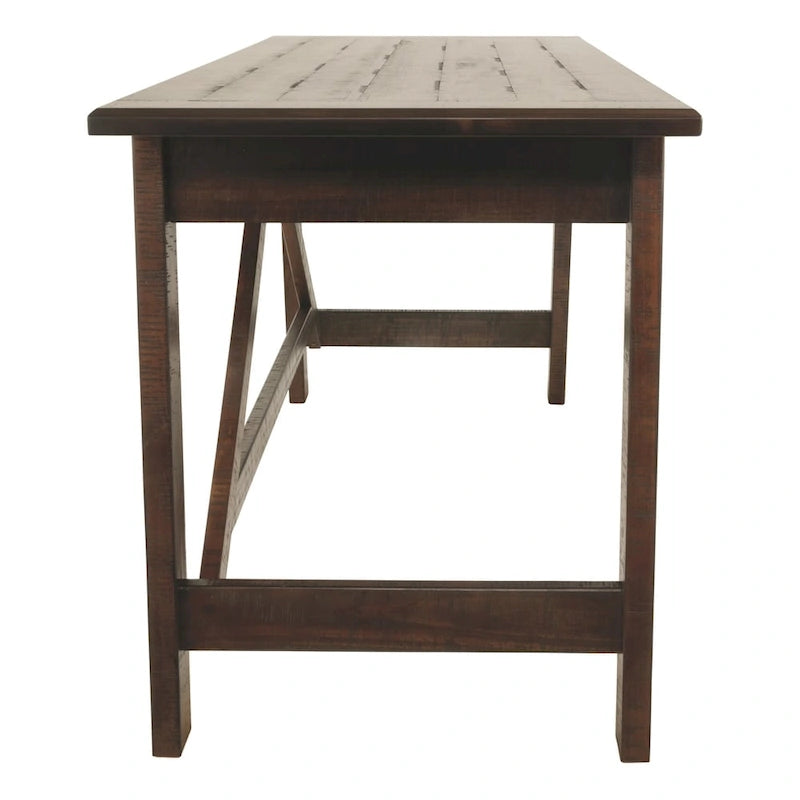 Bureau rustique en placage de bois marron avec pieds inclinés, 2 tiroirs à queues d'aronde et base avec entretoise en croix – Unité simple
