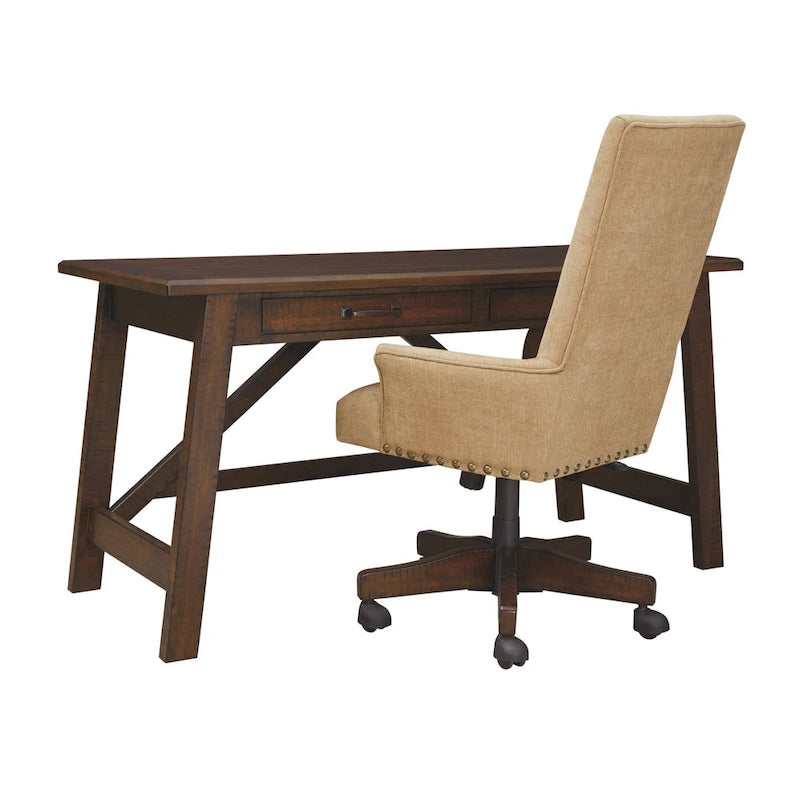 Bureau rustique en placage de bois marron avec pieds inclinés, 2 tiroirs à queues d'aronde et base avec entretoise en croix – Unité simple