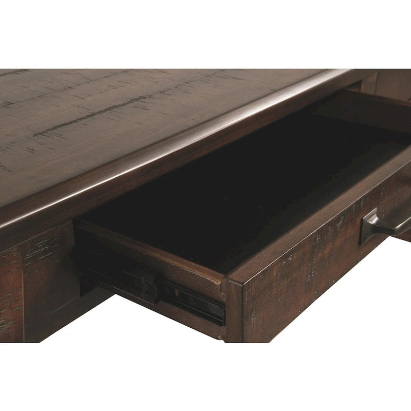 Bureau rustique en placage de bois marron avec pieds inclinés, 2 tiroirs à queues d'aronde et base avec entretoise en croix – Unité simple