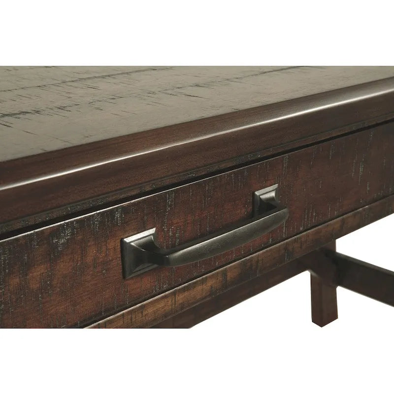 Bureau rustique en placage de bois marron avec pieds inclinés, 2 tiroirs à queues d'aronde et base avec entretoise en croix – Unité simple