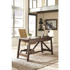 Bureau rustique en placage de bois marron avec pieds inclinés, 2 tiroirs à queues d'aronde et base avec entretoise en croix – Unité simple