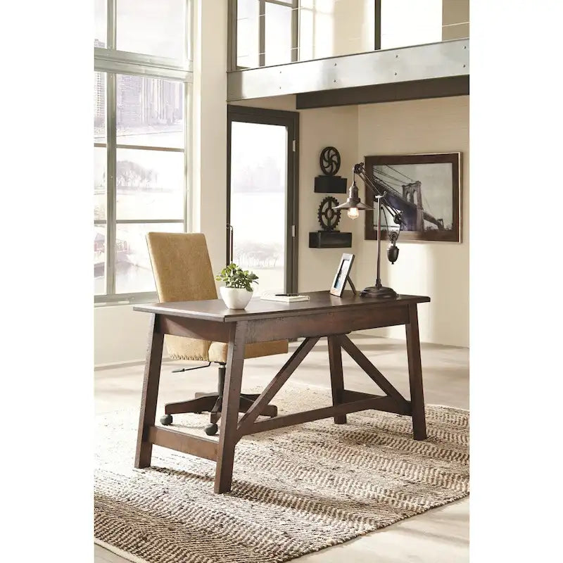 Bureau rustique en placage de bois marron avec pieds inclinés, 2 tiroirs à queues d'aronde et base avec entretoise en croix – Unité simple