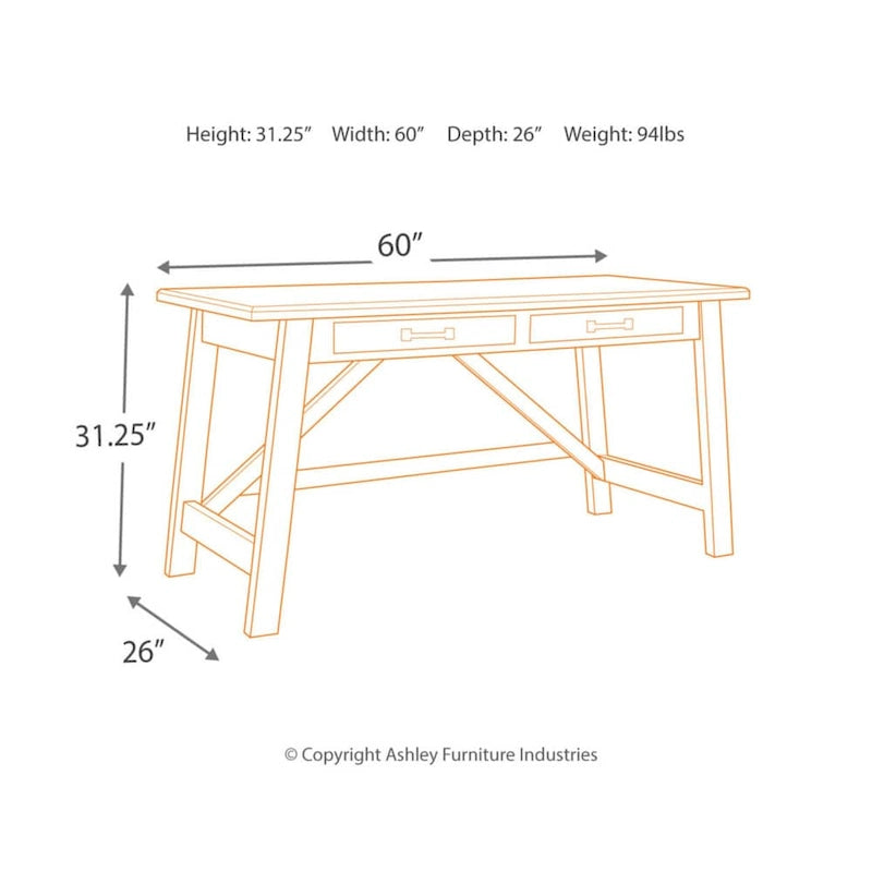 Bureau rustique en placage de bois marron avec pieds inclinés, 2 tiroirs à queues d'aronde et base avec entretoise en croix – Unité simple