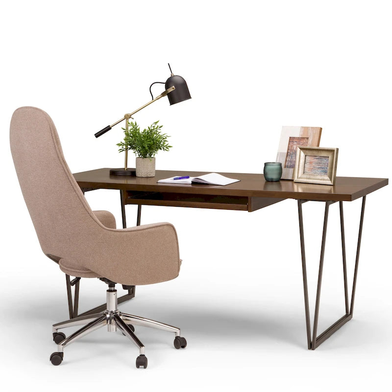 Bureau industriel en bois massif marron vieilli avec pieds métalliques en V et tablette coulissante pour clavier – Unité simple