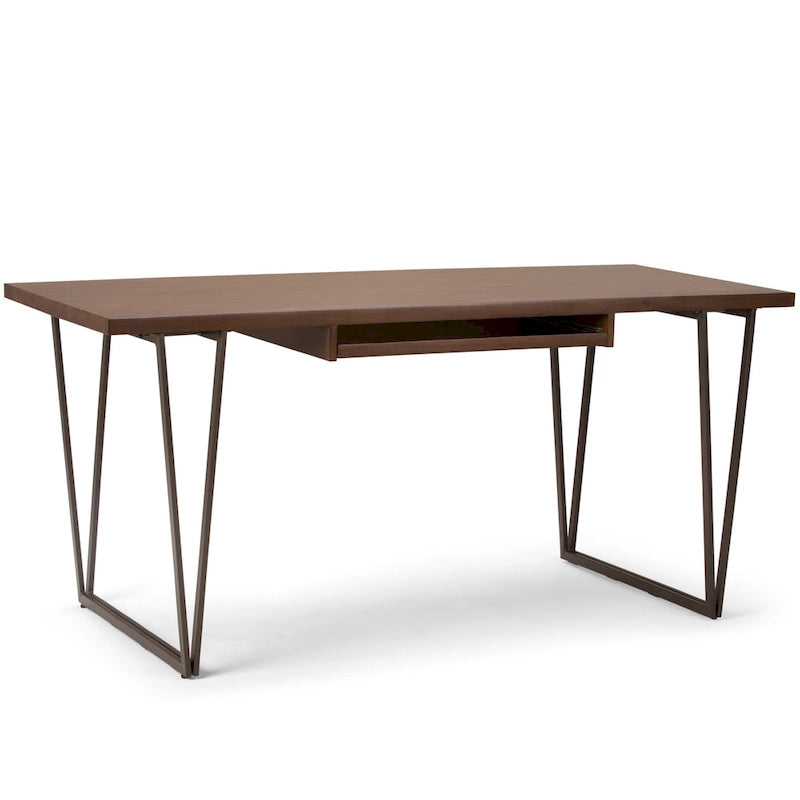 Bureau industriel en bois massif marron vieilli avec pieds métalliques en V et tablette coulissante pour clavier – Unité simple