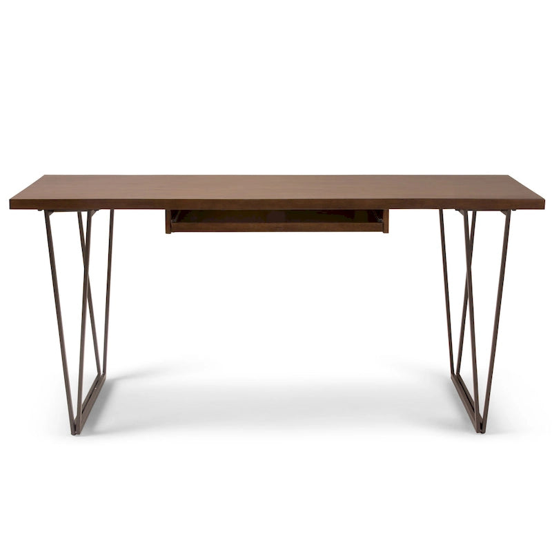 Bureau industriel en bois massif marron vieilli avec pieds métalliques en V et tablette coulissante pour clavier – Unité simple